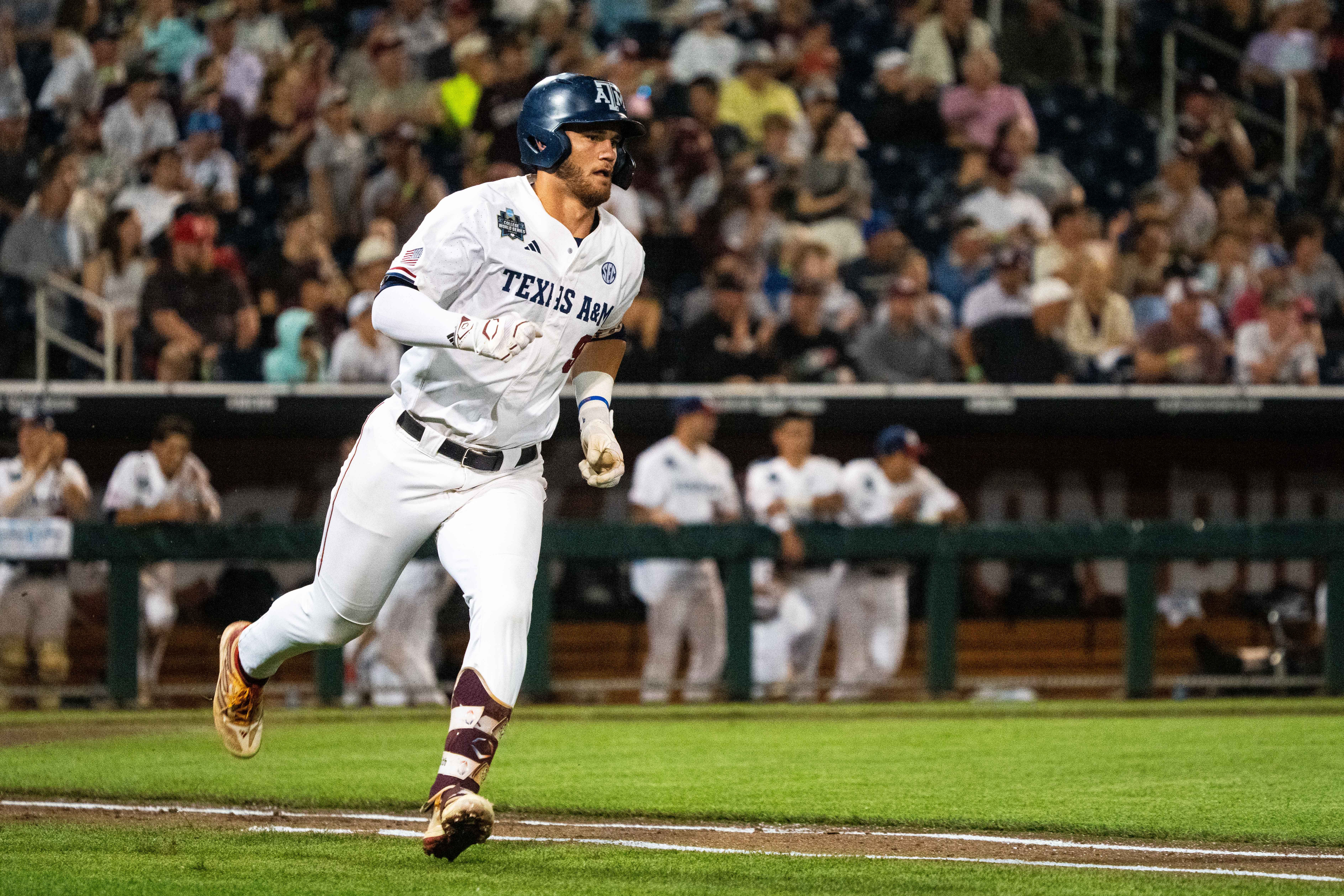 Gavin Grahovac runs to first after hitting a single during Texas A&M's game against Florida.